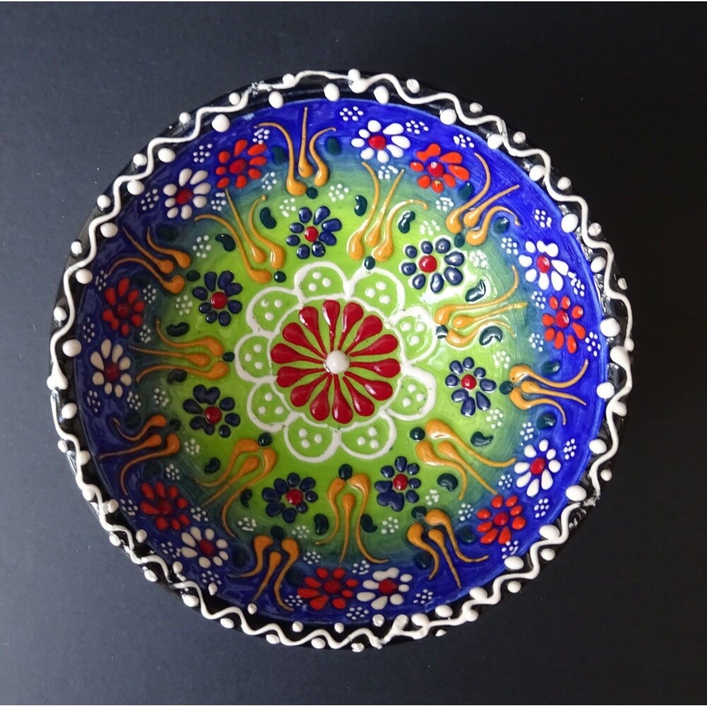 Hand Painted Ceramic Floral Art Pottery Bowl Blue Green Decorative 5.5"